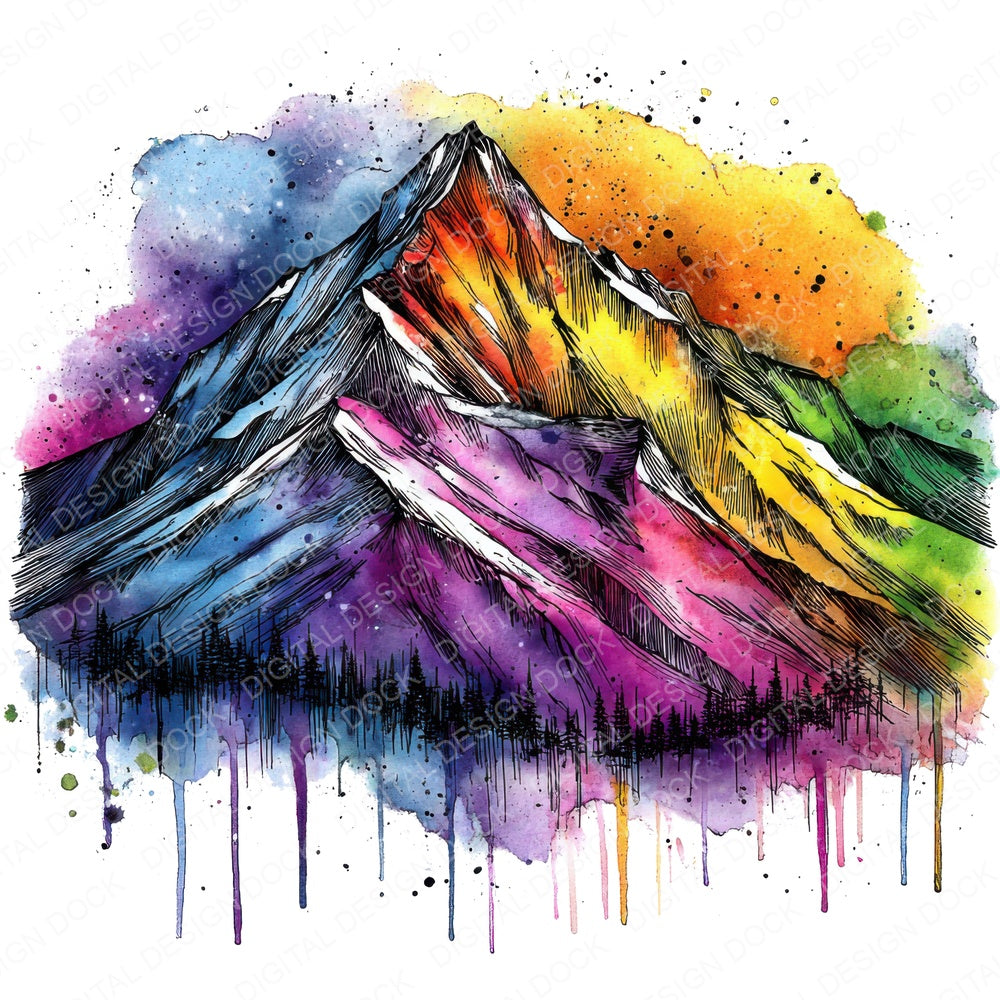 Neon Watercolour Mountain fussy cut sheet in US Letter format showing all 12 designs on one printable page
