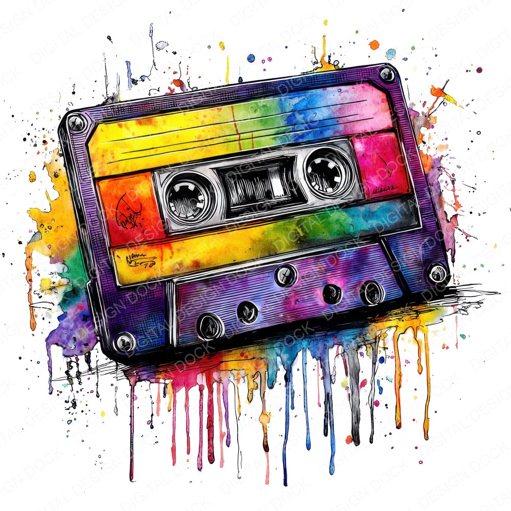 Neon Watercolour Music Cassette Tape fussy cut sheet in US Letter format showing all 12 designs on one printable page