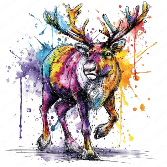 Neon Watercolour Reindeer fussy cut sheet in A4 format showing all 12 designs on one printable page