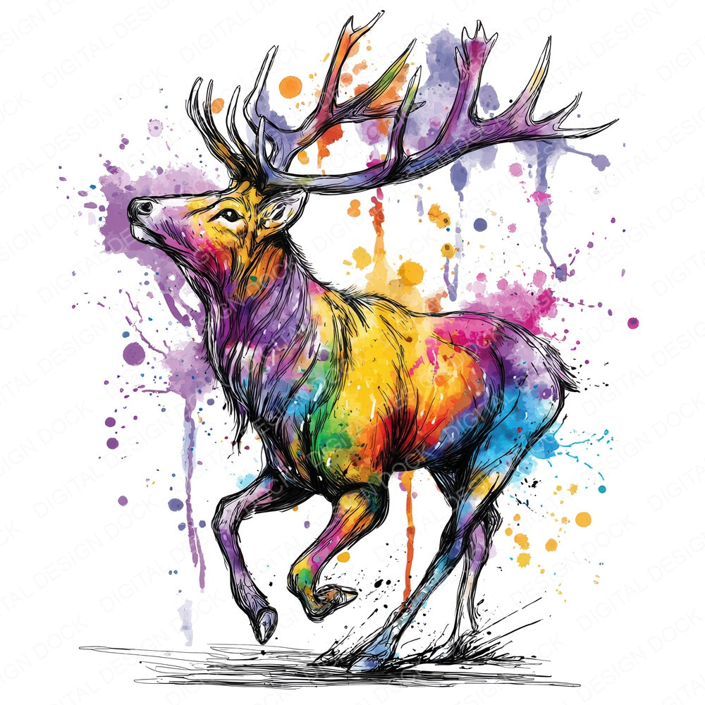 Neon Watercolour Reindeer fussy cut sheet in US Letter format showing all 12 designs on one printable page
