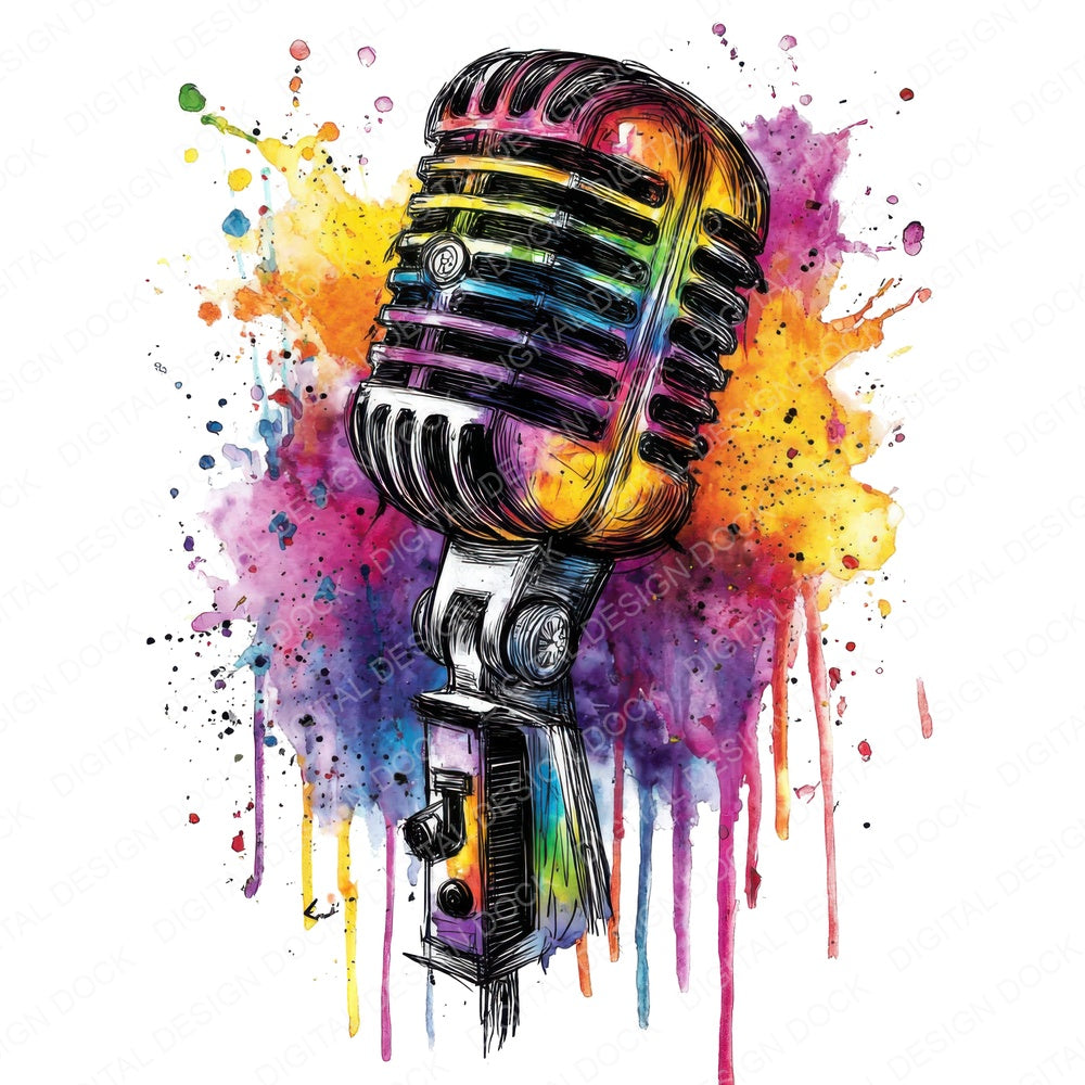 Neon Watercolour Retro Microphone fussy cut sheet in A4 format showing all 12 designs on one printable page