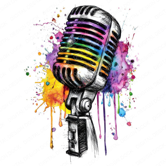 Neon Watercolour Retro Microphone fussy cut sheet in US Letter format showing all 12 designs on one printable page