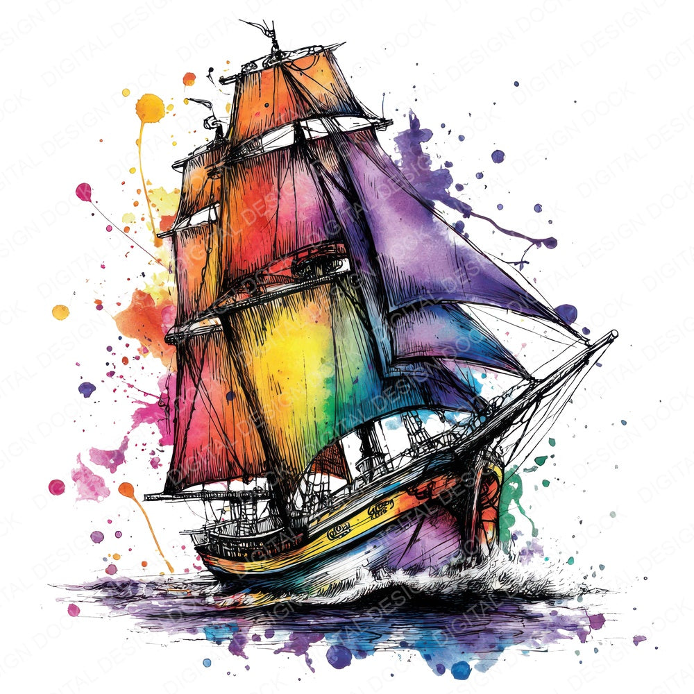Neon Watercolour Sailing Ship fussy cut sheet in A4 format showing all 12 designs on one printable page