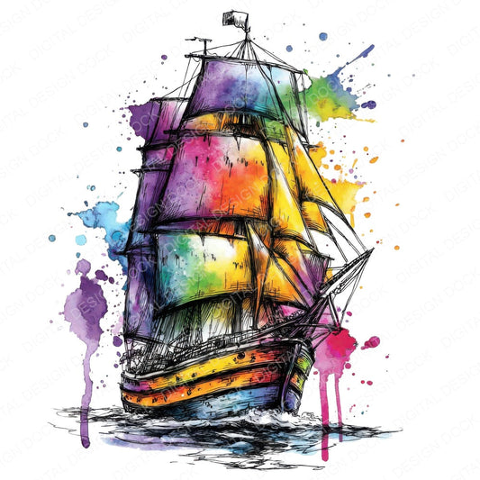 Neon Watercolour Sailing Ship fussy cut sheet in US Letter format showing all 12 designs on one printable page