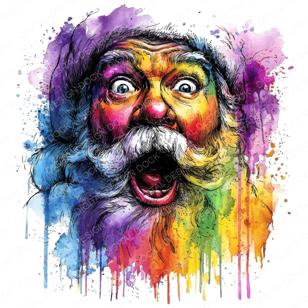 Neon Watercolour Santa fussy cut sheet in A4 format showing all 12 designs on one printable page