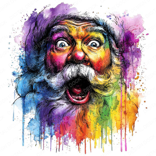 Neon Watercolour Santa fussy cut sheet in A4 format showing all 12 designs on one printable page