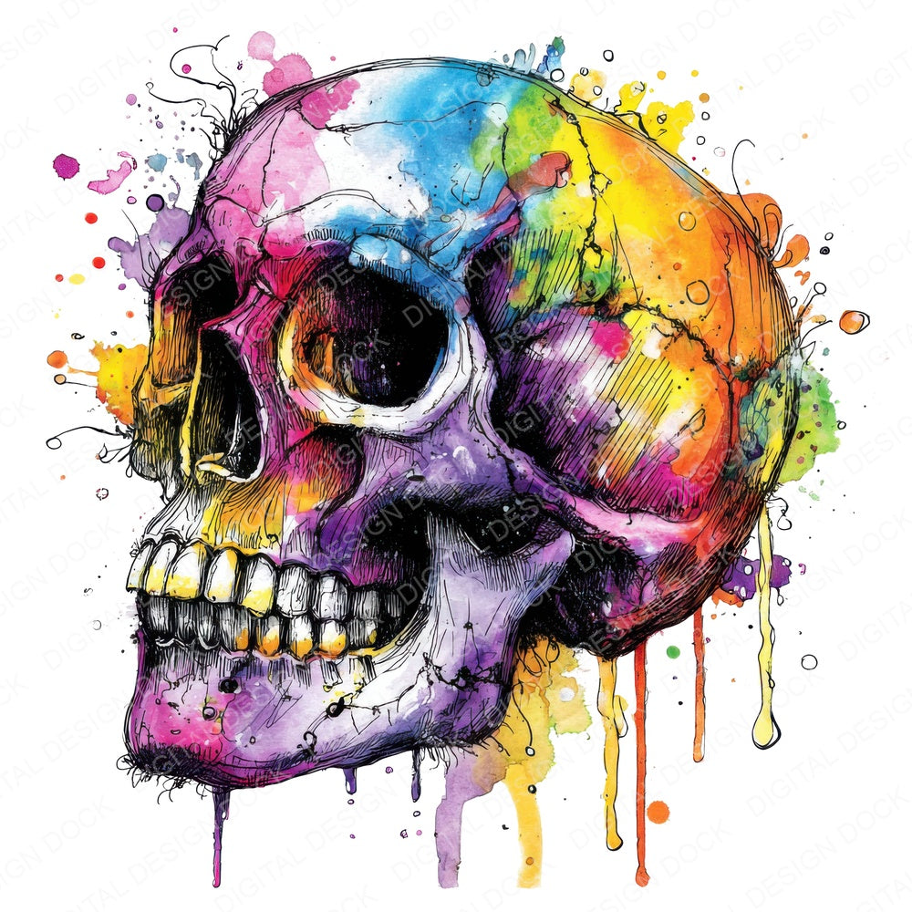 Neon Watercolour Skull fussy cut sheet in A4 format showing all 12 designs on one printable page