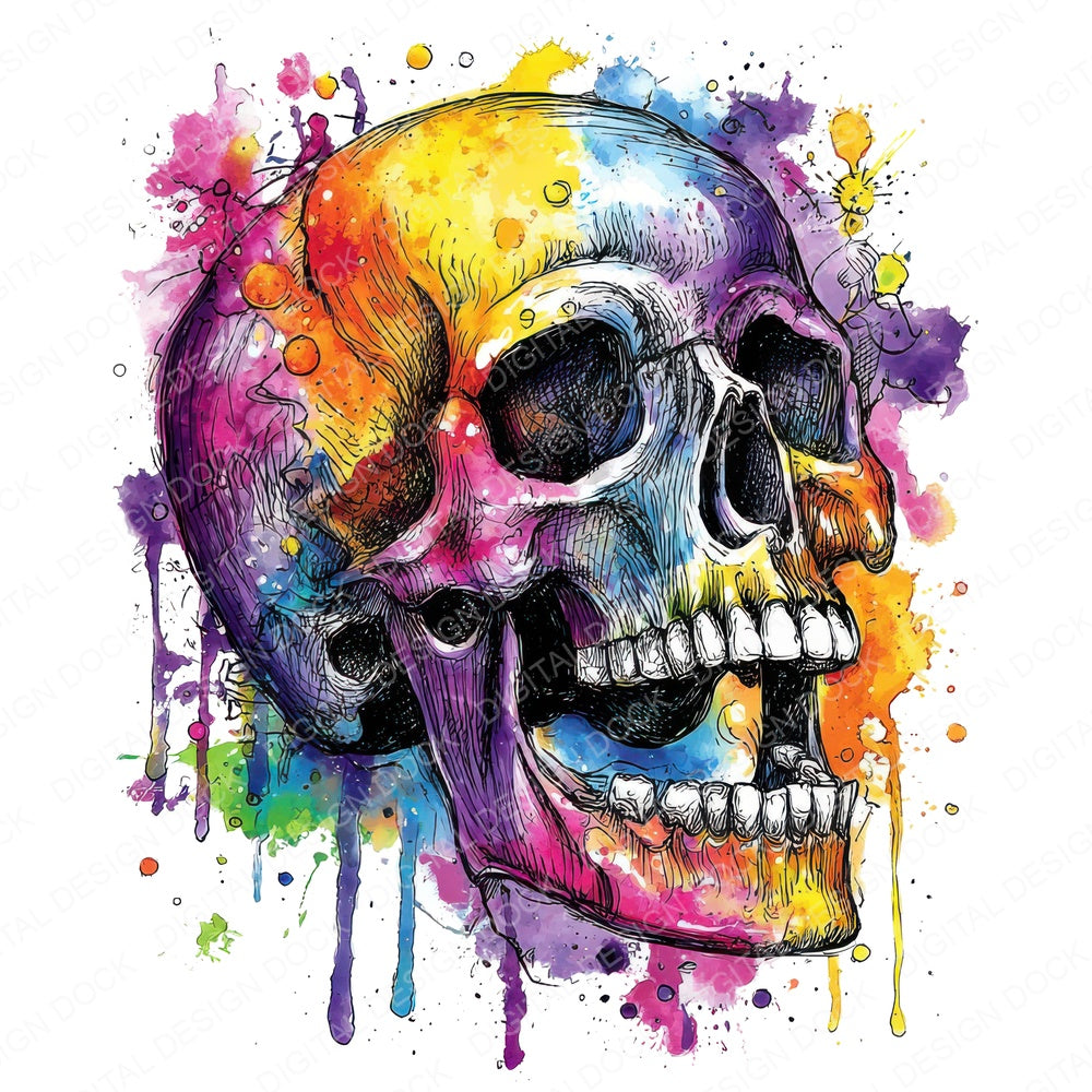 Neon Watercolour Skull fussy cut sheet in US Letter format showing all 12 designs on one printable page