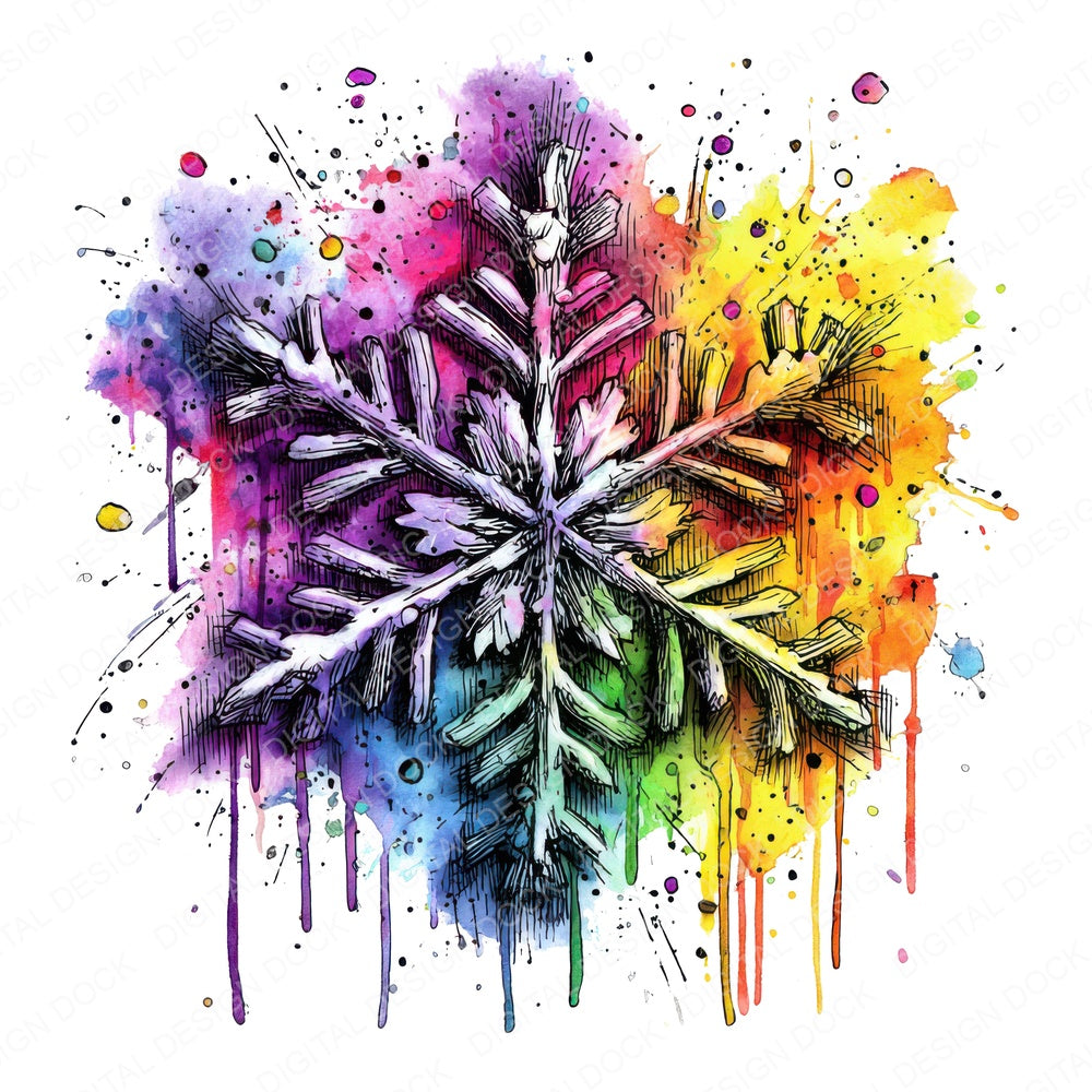 Neon Watercolour Snowflake fussy cut sheet in A4 format showing all 12 designs on one printable page