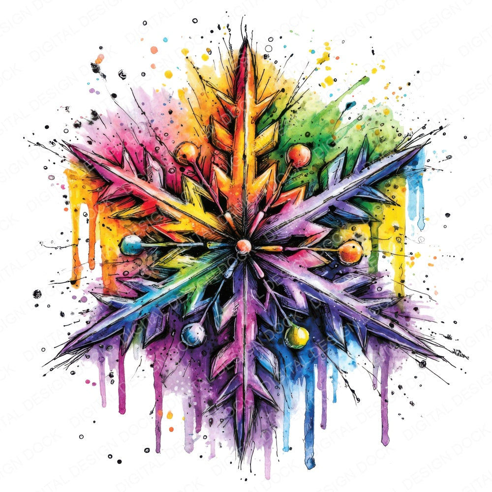 Neon Watercolour Snowflake fussy cut sheet in US Letter format showing all 12 designs on one printable page