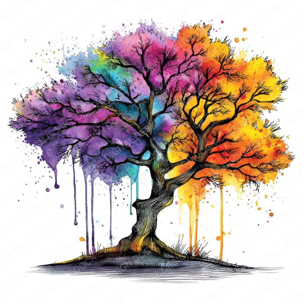 Neon Watercolour Tree fussy cut sheet in A4 format showing all 12 designs on one printable page