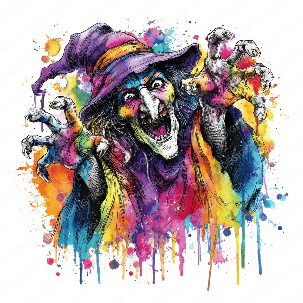 Neon Watercolour Wicked Witch fussy cut sheet in A4 format showing all 12 designs on one printable page