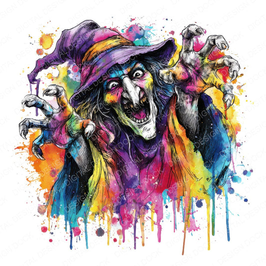 Neon Watercolour Wicked Witch fussy cut sheet in A4 format showing all 12 designs on one printable page