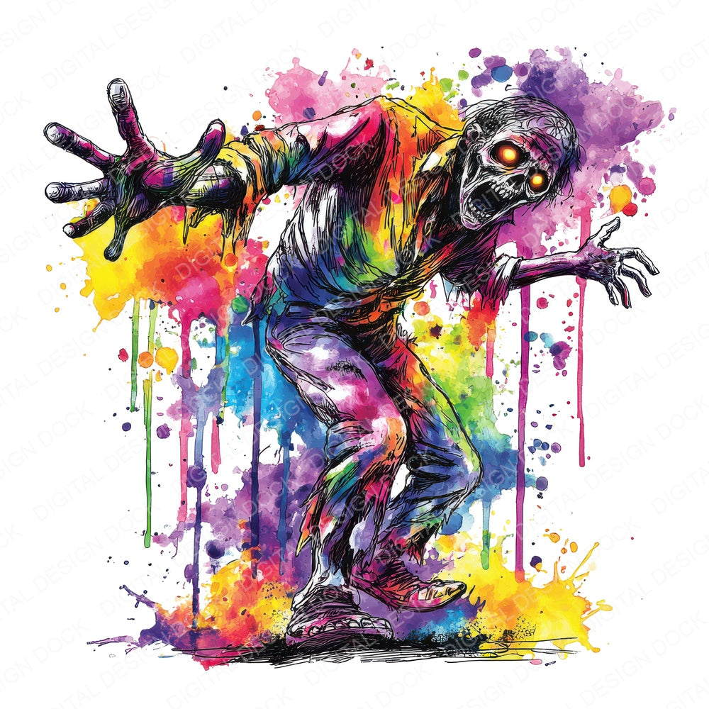 Neon Watercolour Zombie fussy cut sheet in A4 format showing all 12 designs on one printable page