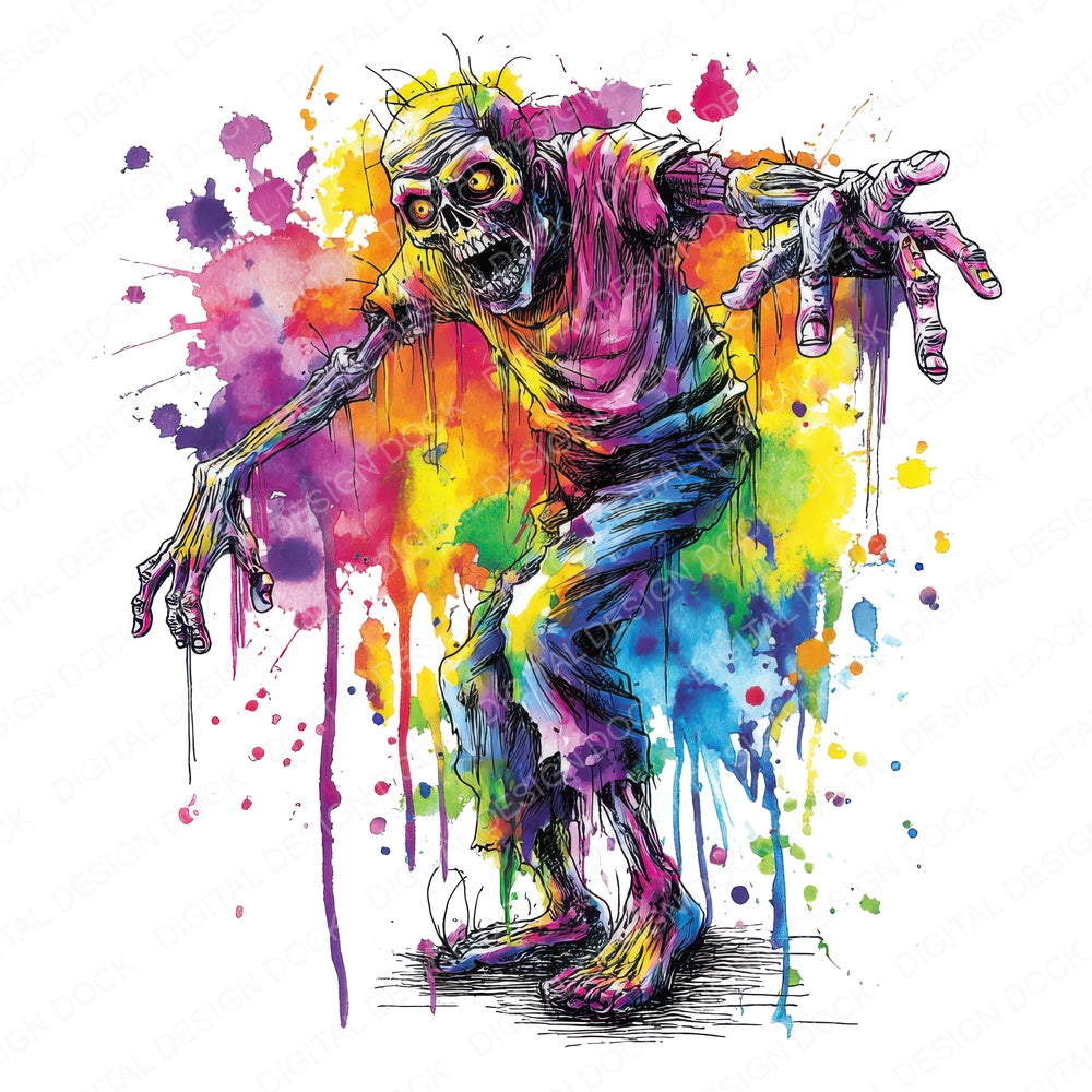 Neon Watercolour Zombie fussy cut sheet in US Letter format showing all 12 designs on one printable page