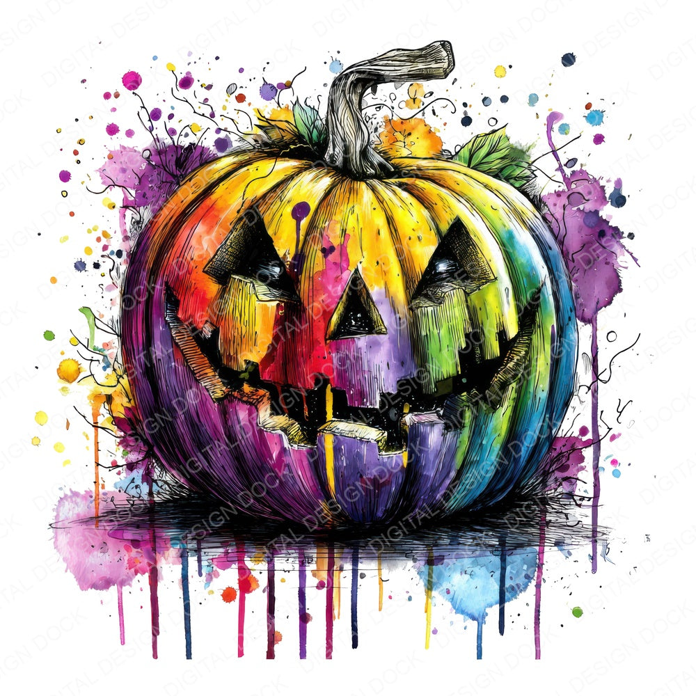 Neon Watercolour halloween Pumpkin fussy cut sheet in A4 format showing all 12 designs on one printable page