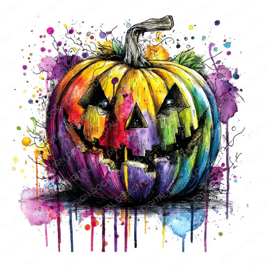 Neon Watercolour halloween Pumpkin fussy cut sheet in A4 format showing all 12 designs on one printable page
