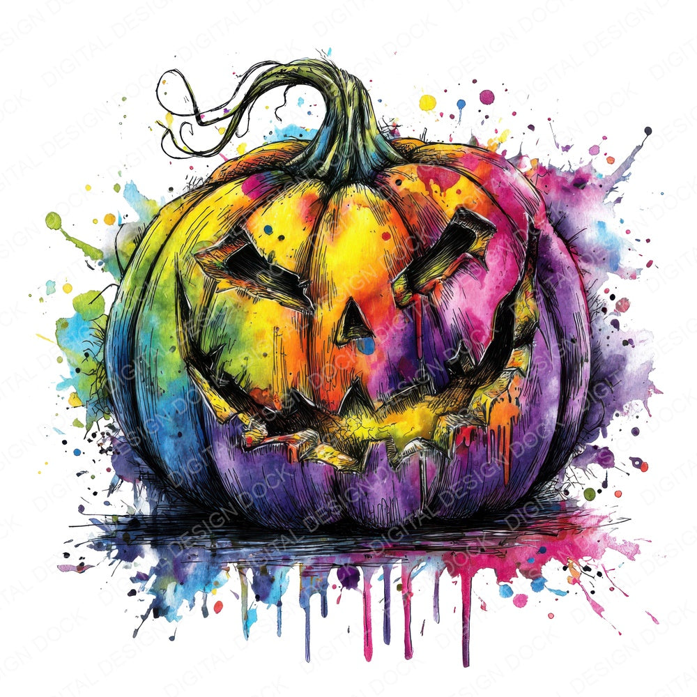 Neon Watercolour halloween Pumpkin fussy cut sheet in US Letter format showing all 12 designs on one printable page