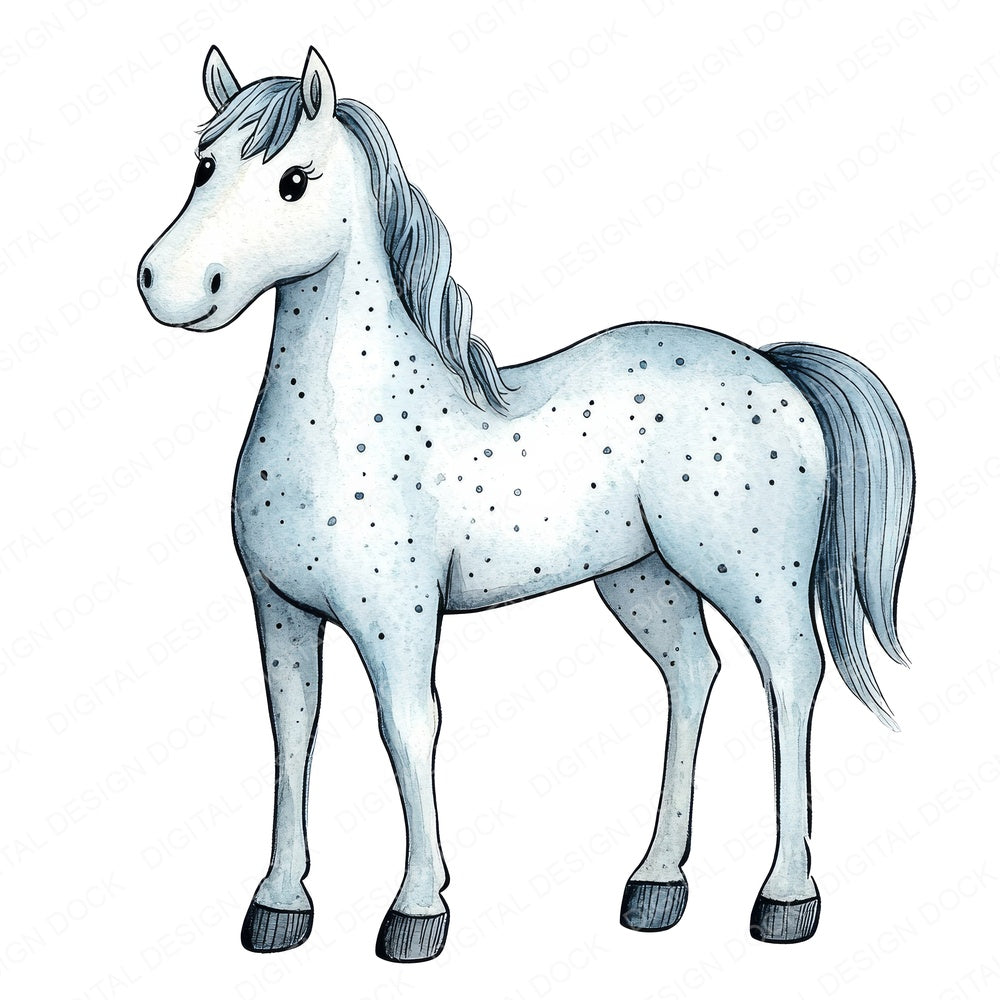 Nursery White Horse Illustration fussy cut sheet in US Letter format showing all 12 designs on one printable page