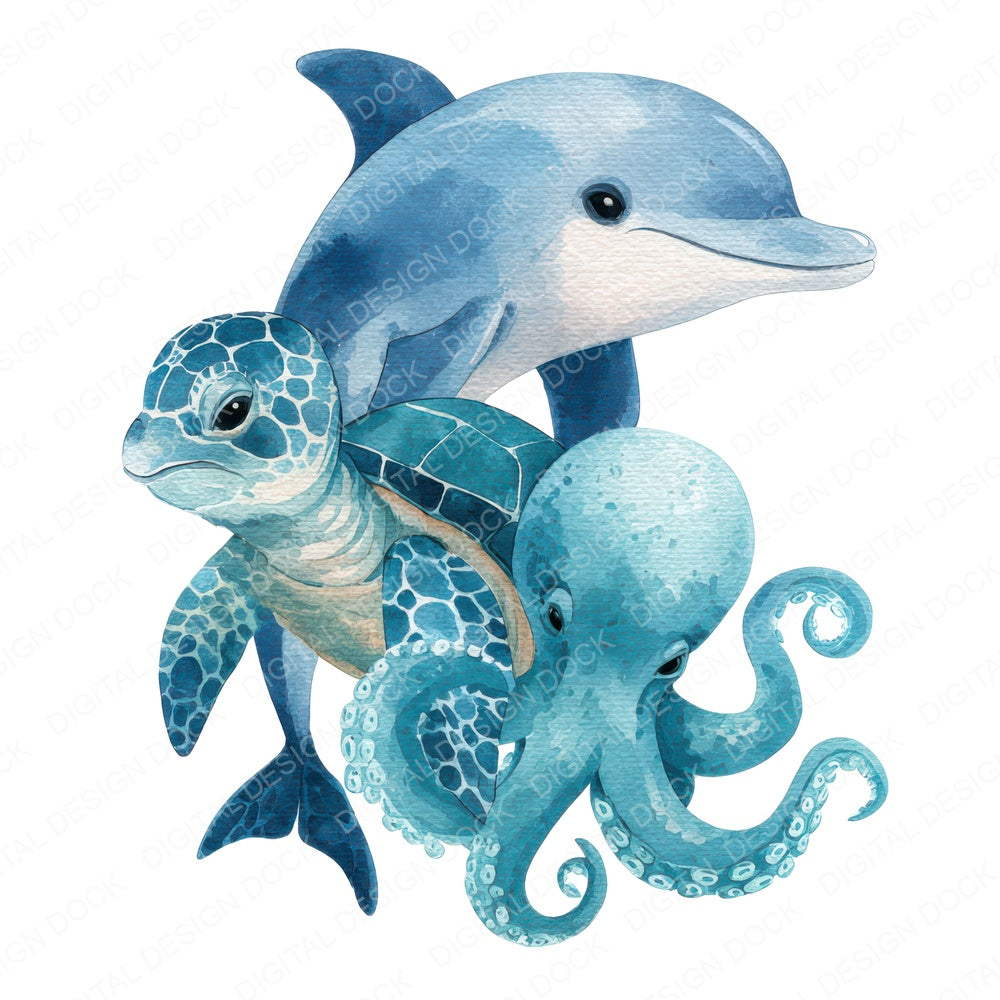 Ocean Animals Friends fussy cut sheet in A4 format showing all 12 designs on one printable page