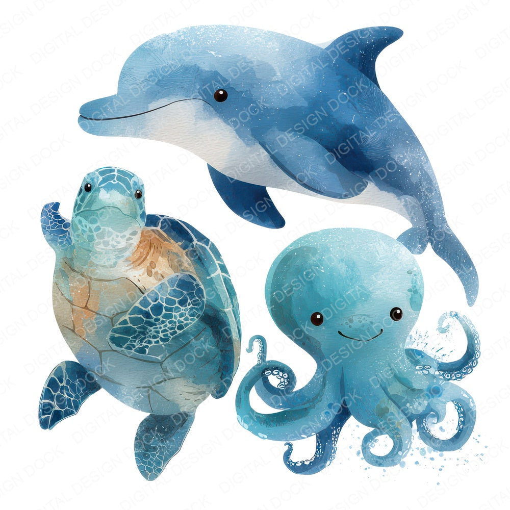 Ocean Animals Friends fussy cut sheet in US Letter format showing all 12 designs on one printable page