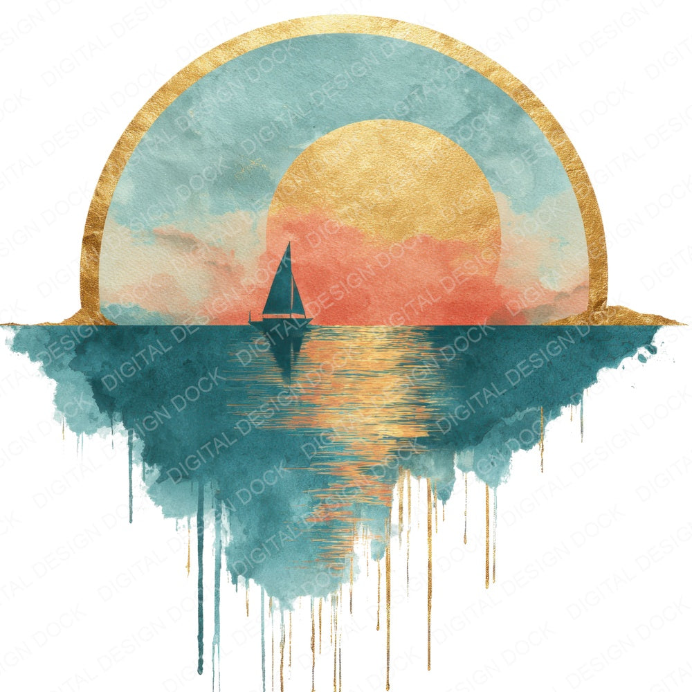 Ocean Sailboat Sunset Scene fussy cut sheet in A4 format showing all 12 designs on one printable page