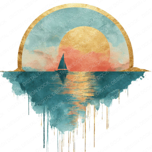 Ocean Sailboat Sunset Scene fussy cut sheet in A4 format showing all 12 designs on one printable page