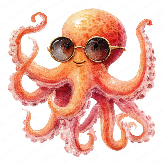 Octopus Wearing Sunglasses fussy cut sheet in A4 format showing all 12 designs on one printable page