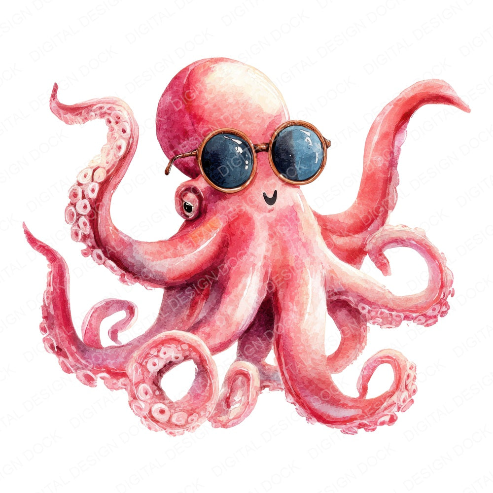Octopus Wearing Sunglasses fussy cut sheet in US Letter format showing all 12 designs on one printable page