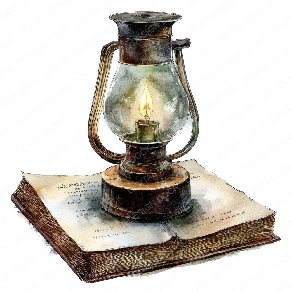 Oil Lamp on Book fussy cut sheet in US Letter format showing all 12 designs on one printable page
