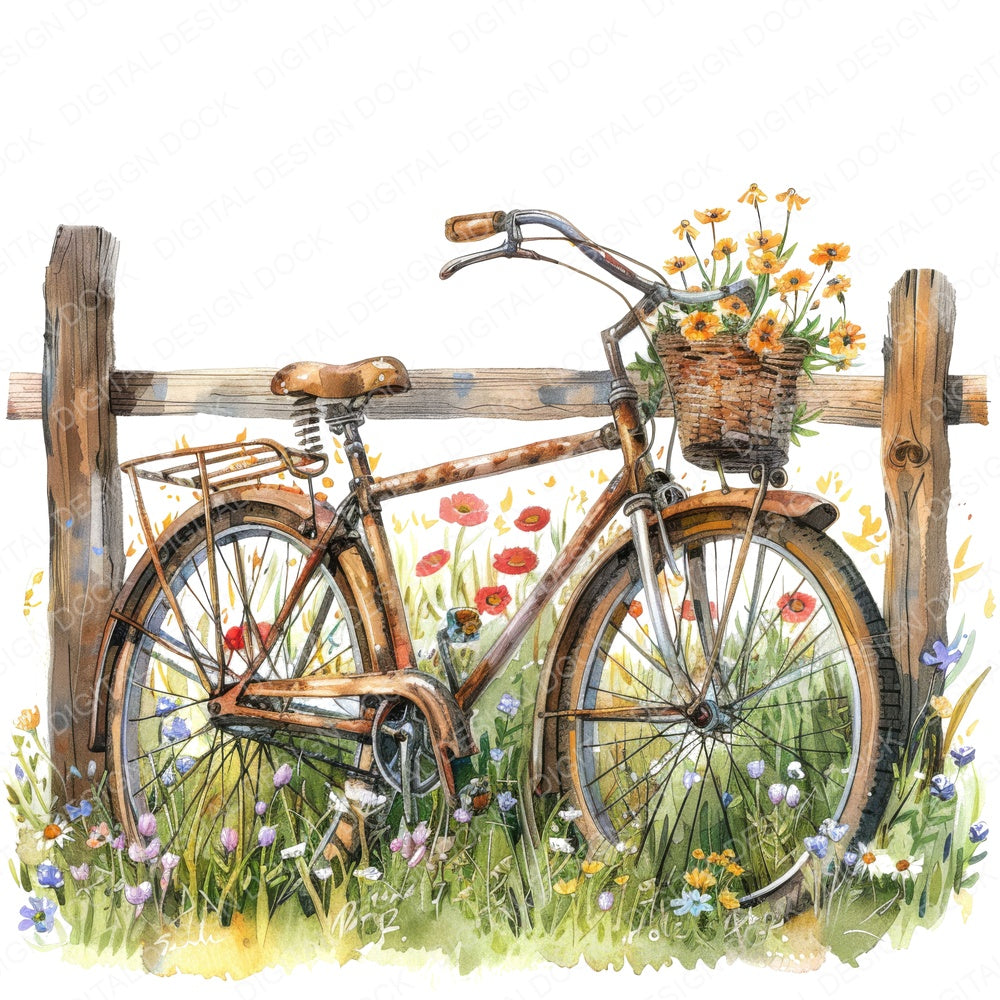 Old Bike with Wildflowers fussy cut sheet in A4 format showing all 12 designs on one printable page