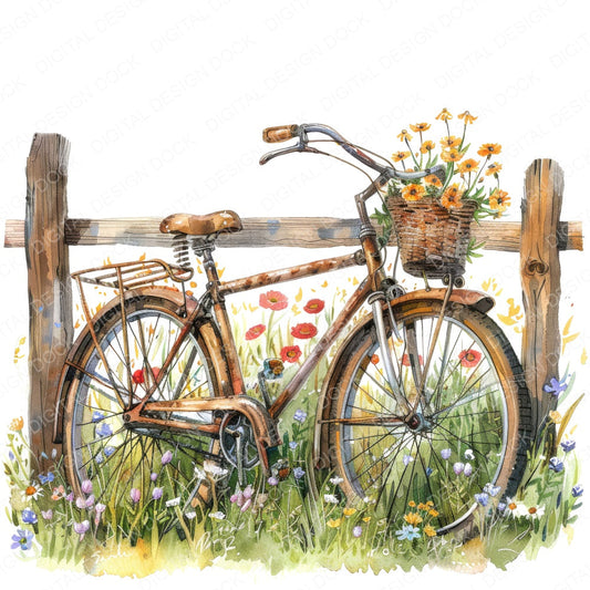 Old Bike with Wildflowers fussy cut sheet in A4 format showing all 12 designs on one printable page