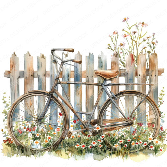 Old Bike with Wildflowers fussy cut sheet in US Letter format showing all 12 designs on one printable page