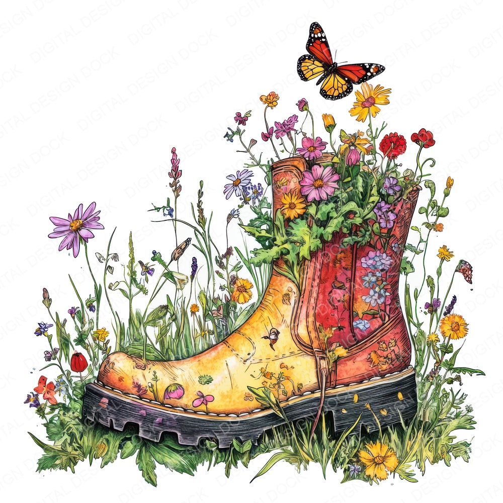 Old Boot in Wildflowers fussy cut sheet in A4 format showing all 12 designs on one printable page