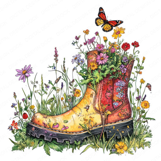 Old Boot in Wildflowers fussy cut sheet in A4 format showing all 12 designs on one printable page