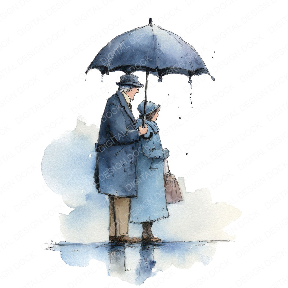 Old Couple Under Umbrella fussy cut sheet in A4 format showing all 12 designs on one printable page