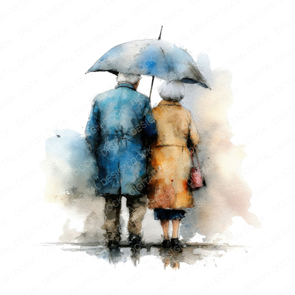 Old Couple Under Umbrella fussy cut sheet in US Letter format showing all 12 designs on one printable page