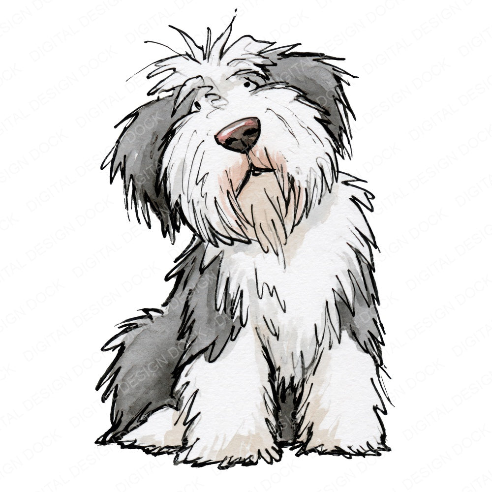Single Old English Sheepdog Watercolour Dog design shown full size, also included as clipart