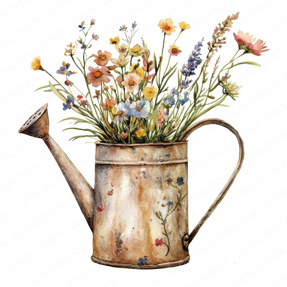 Old Watering Can with Wildflowers fussy cut sheet in A4 format showing all 12 designs on one printable page