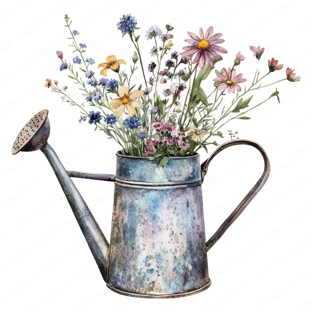 Old Watering Can with Wildflowers fussy cut sheet in US Letter format showing all 12 designs on one printable page