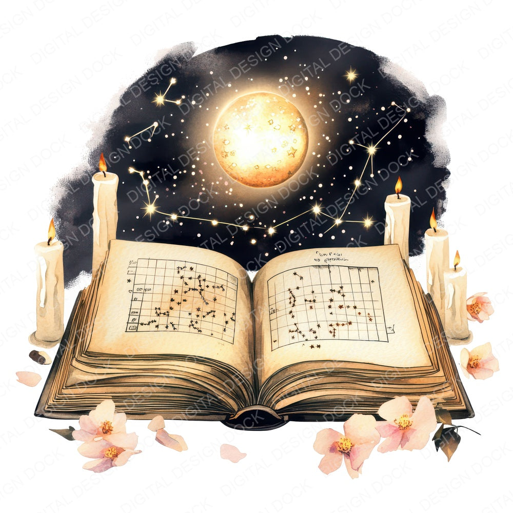 Open Astrology Book fussy cut sheet in US Letter format showing all 12 designs on one printable page
