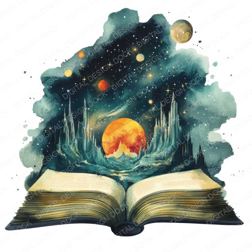 Open Book Fantasy Space fussy cut sheet in A4 format showing all 12 designs on one printable page