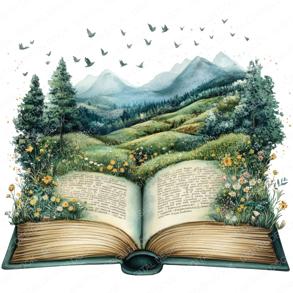 Open Book Magical Landscape B fussy cut sheet in A4 format showing all 12 designs on one printable page