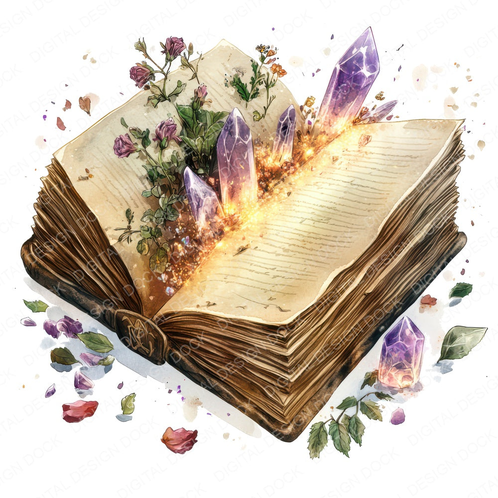 Open Spellbook with Crystals fussy cut sheet in US Letter format showing all 12 designs on one printable page