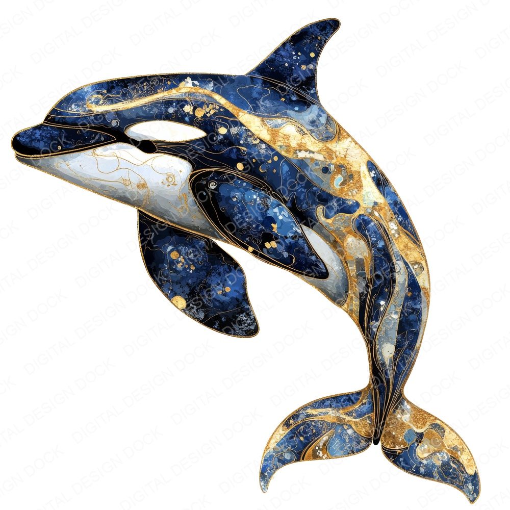 Orca Whale Baroque Blue and Gold Clipart Set (DDD006217)
