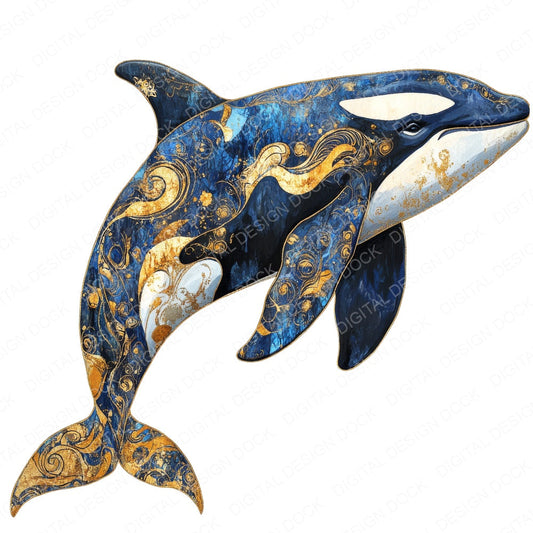 Orca Whale Baroque Blue and Gold fussy cut sheet in US Letter format showing all 12 designs on one printable page
