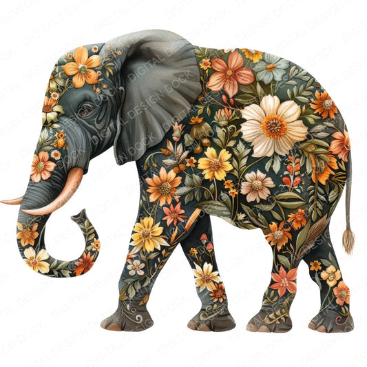 Ornate Floral Elephant fussy cut sheet in A4 format showing all 12 designs on one printable page
