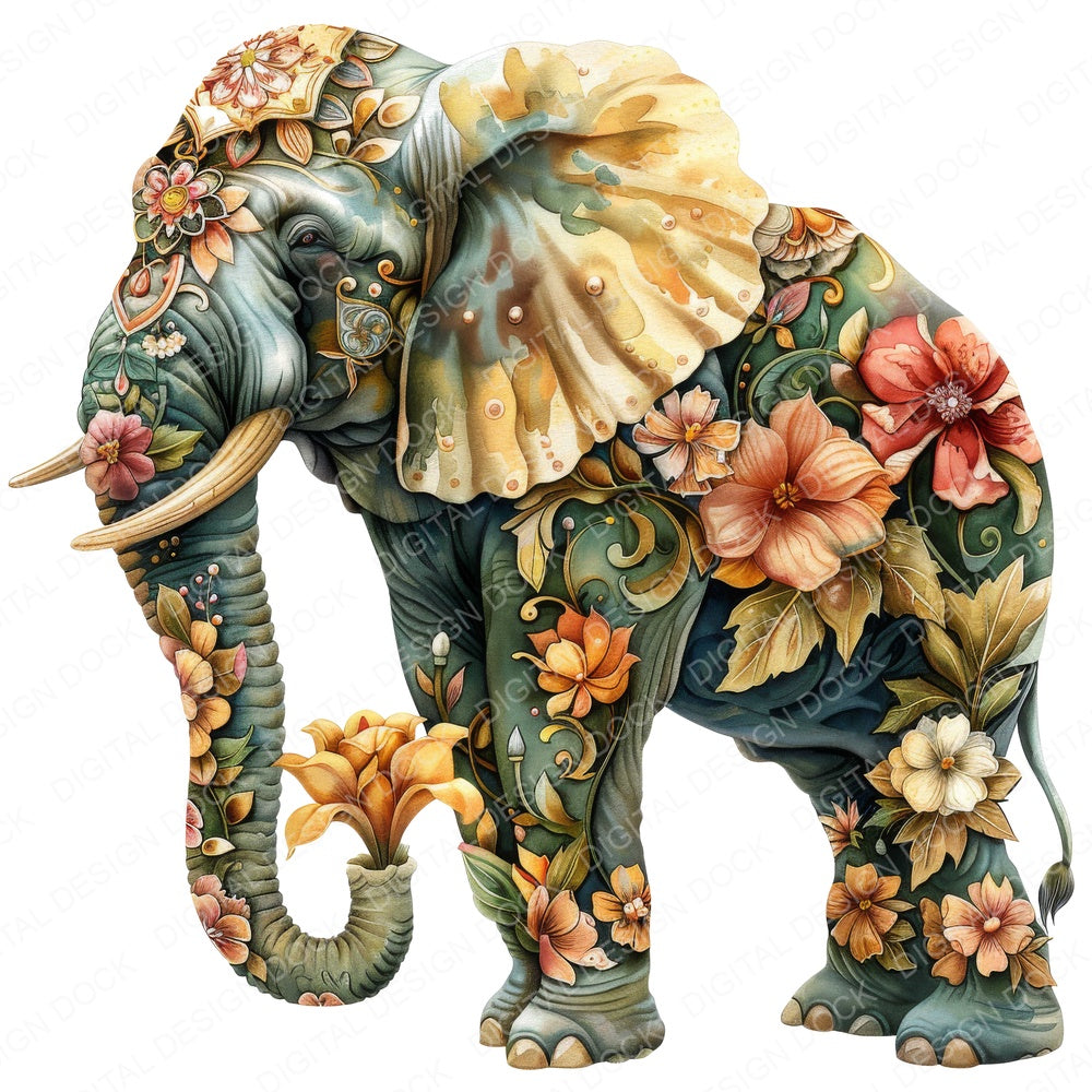 Ornate Floral Elephant fussy cut sheet in US Letter format showing all 12 designs on one printable page