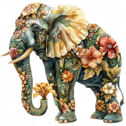 Ornate Floral Elephant fussy cut sheet in US Letter format showing all 12 designs on one printable page