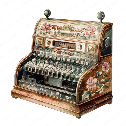Ornate Vintage Cash Register fussy cut sheet in A4 format showing all 12 designs on one printable page
